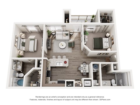 Floor plan for 2 beds, 2 baths, 1040 sqft